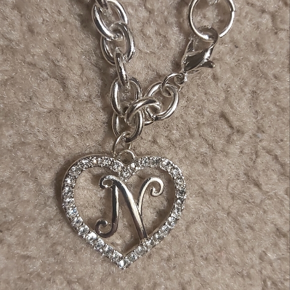 Silver Tone Heart Inital Chain Link Bracelet - Picture 2 of 2